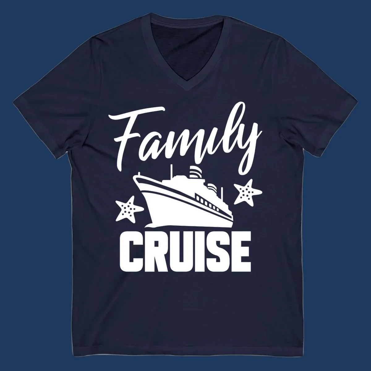 Family cruise ship design with starfish and ocean liner illustration in white on gray background