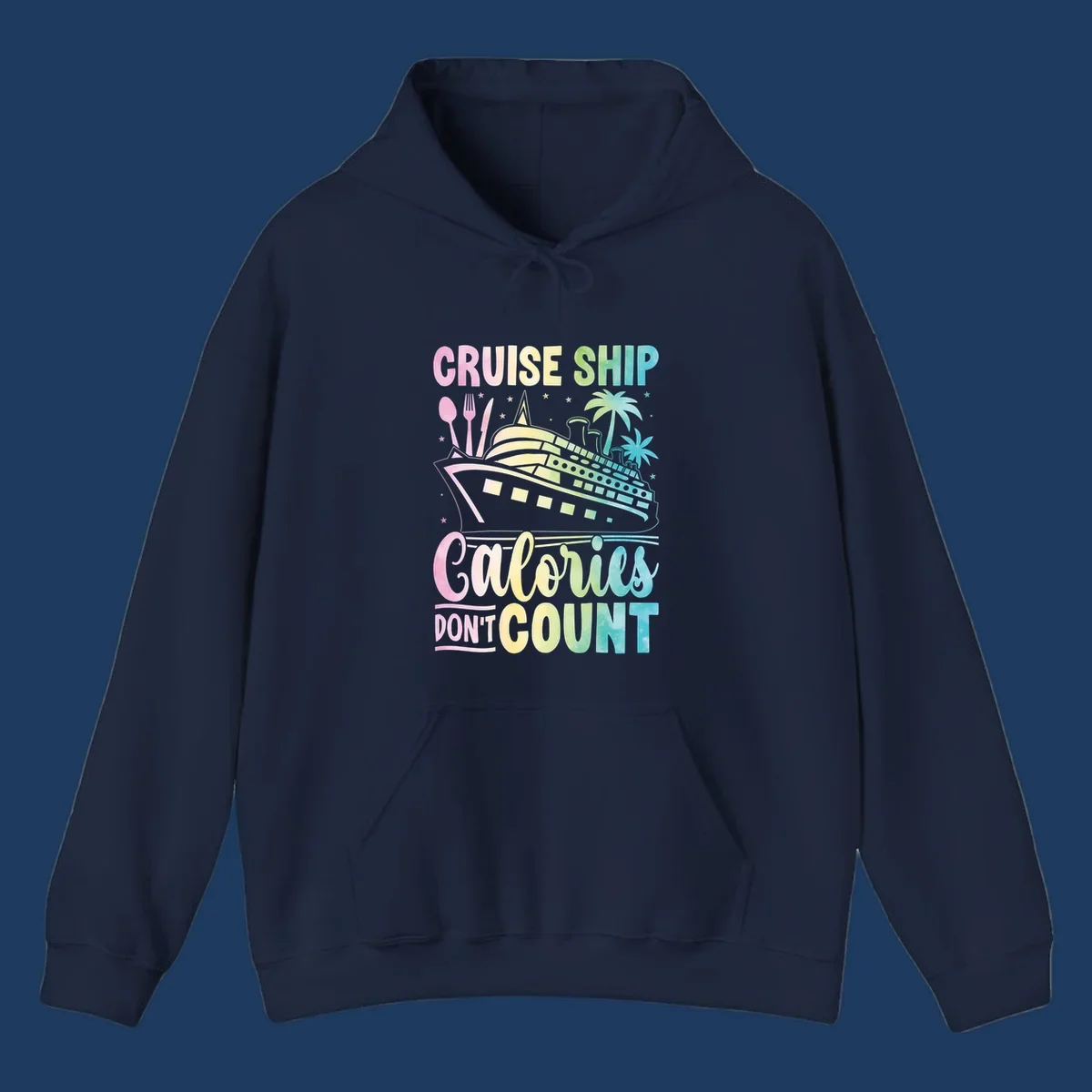 Colorful cruise ship illustration with dining utensils and palm trees, text reads 'Cruise Ship Calories Don't Count'