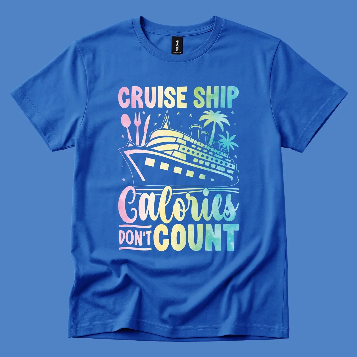 Colorful cruise ship illustration with dining utensils and palm trees, text reads 'Cruise Ship Calories Don't Count'