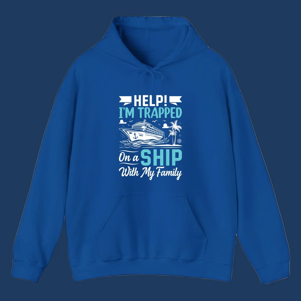 Humorous cruise design with ship, waves, and palm tree illustrating being trapped on a ship with family