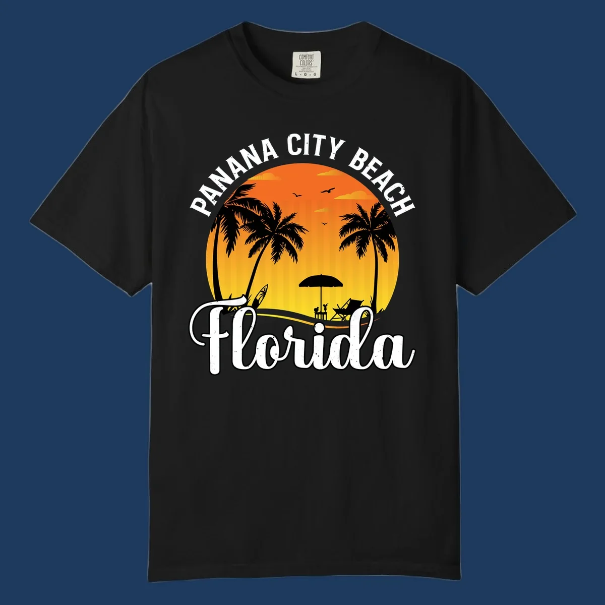 Panama City Beach tiki-themed sunset illustration with palm trees, lounge chair, umbrella, and sailboat silhouettes against warm orange and gold sky