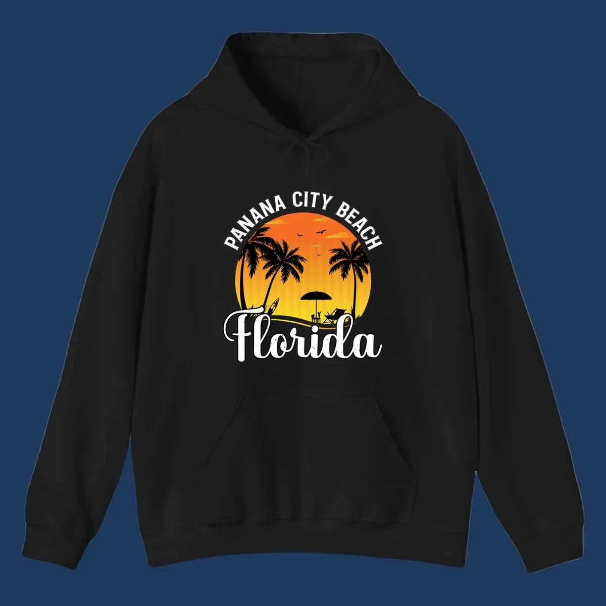Panama City Beach tiki-themed sunset illustration with palm trees, lounge chair, umbrella, and sailboat silhouettes against warm orange and gold sky