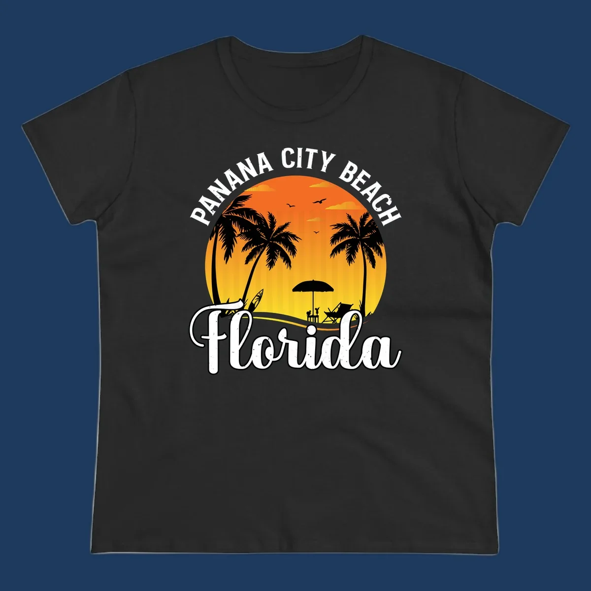 Panama City Beach tiki-themed sunset illustration with palm trees, lounge chair, umbrella, and sailboat silhouettes against warm orange and gold sky