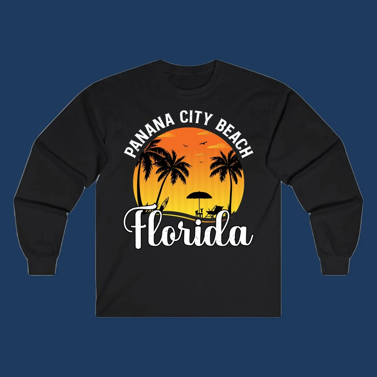 Panama City Beach tiki-themed sunset illustration with palm trees, lounge chair, umbrella, and sailboat silhouettes against warm orange and gold sky