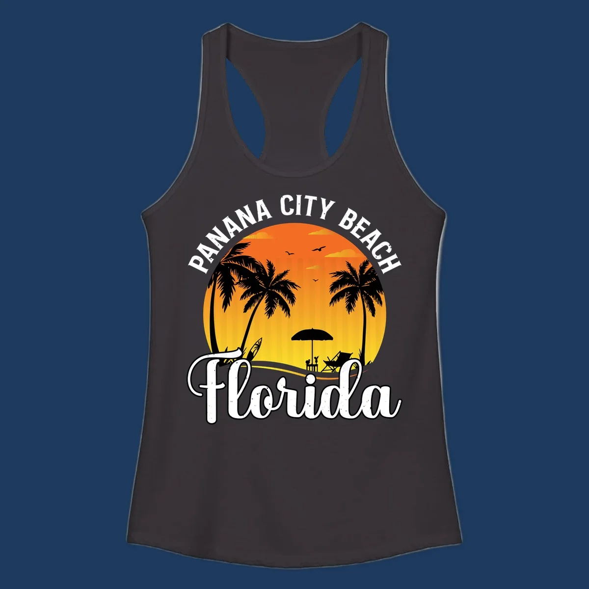 Panama City Beach tiki-themed sunset illustration with palm trees, lounge chair, umbrella, and sailboat silhouettes against warm orange and gold sky