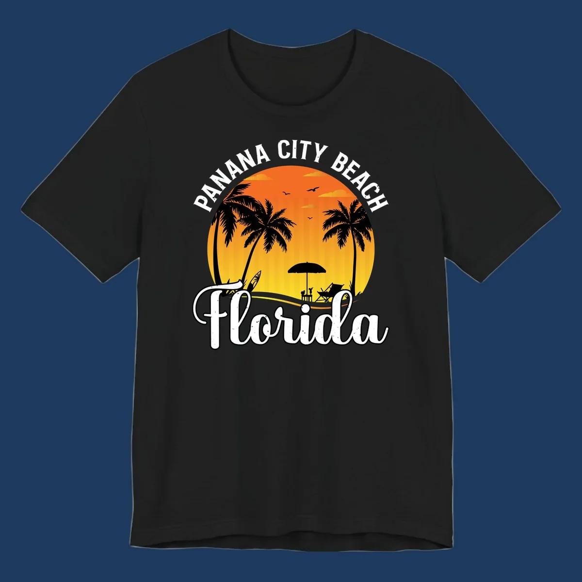 Panama City Beach tiki-themed sunset illustration with palm trees, lounge chair, umbrella, and sailboat silhouettes against warm orange and gold sky