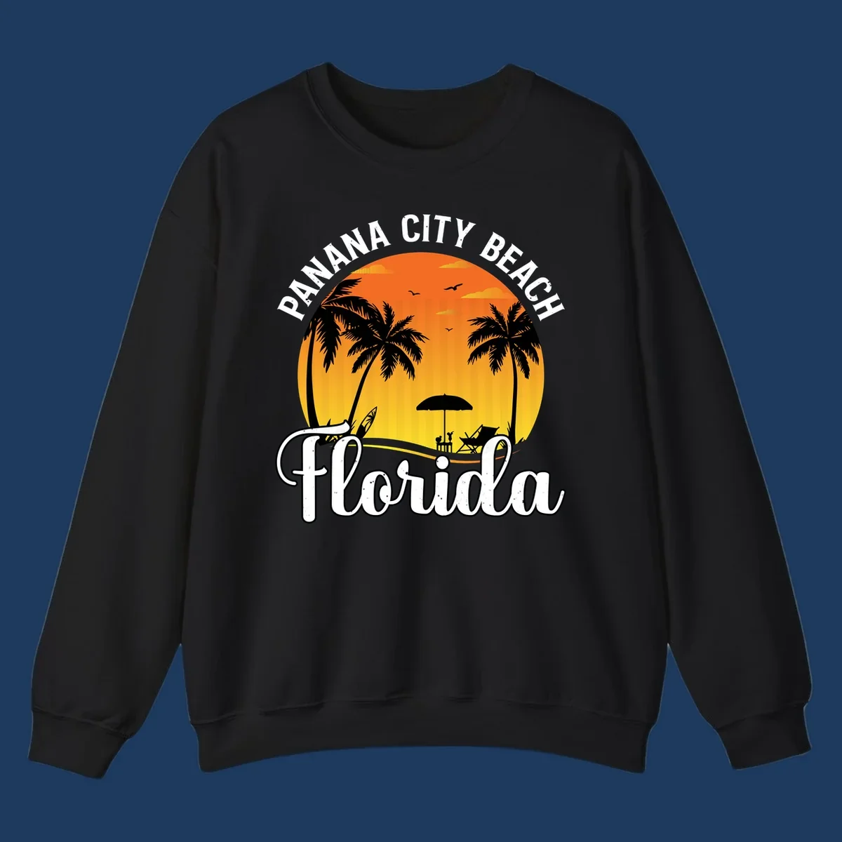 Panama City Beach tiki-themed sunset illustration with palm trees, lounge chair, umbrella, and sailboat silhouettes against warm orange and gold sky