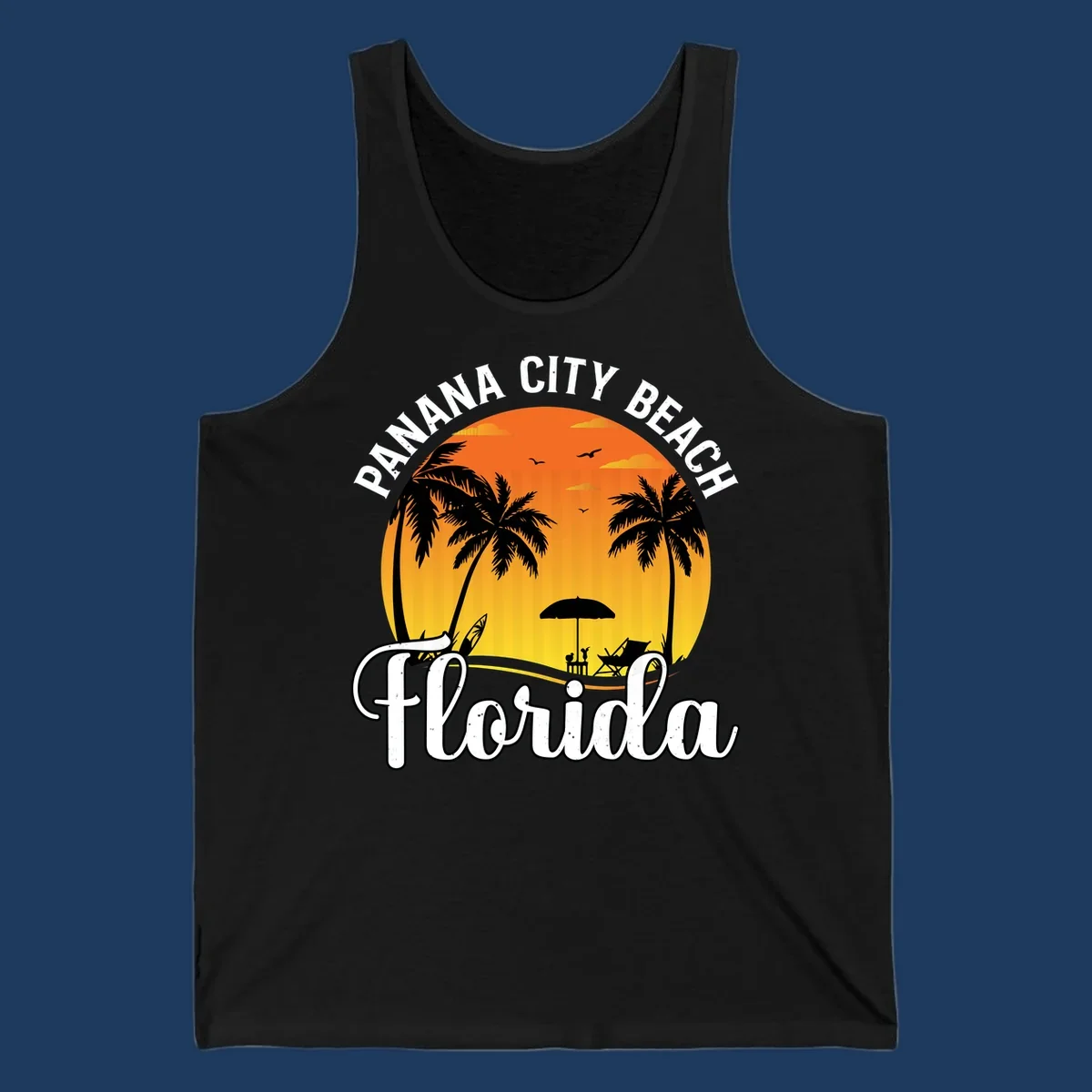 Panama City Beach tiki-themed sunset illustration with palm trees, lounge chair, umbrella, and sailboat silhouettes against warm orange and gold sky