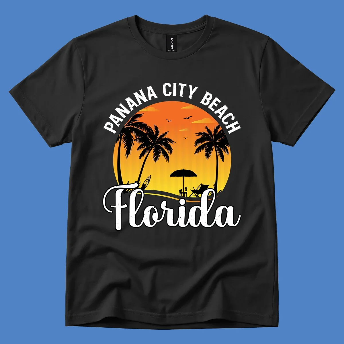 Panama City Beach tiki-themed sunset illustration with palm trees, lounge chair, umbrella, and sailboat silhouettes against warm orange and gold sky