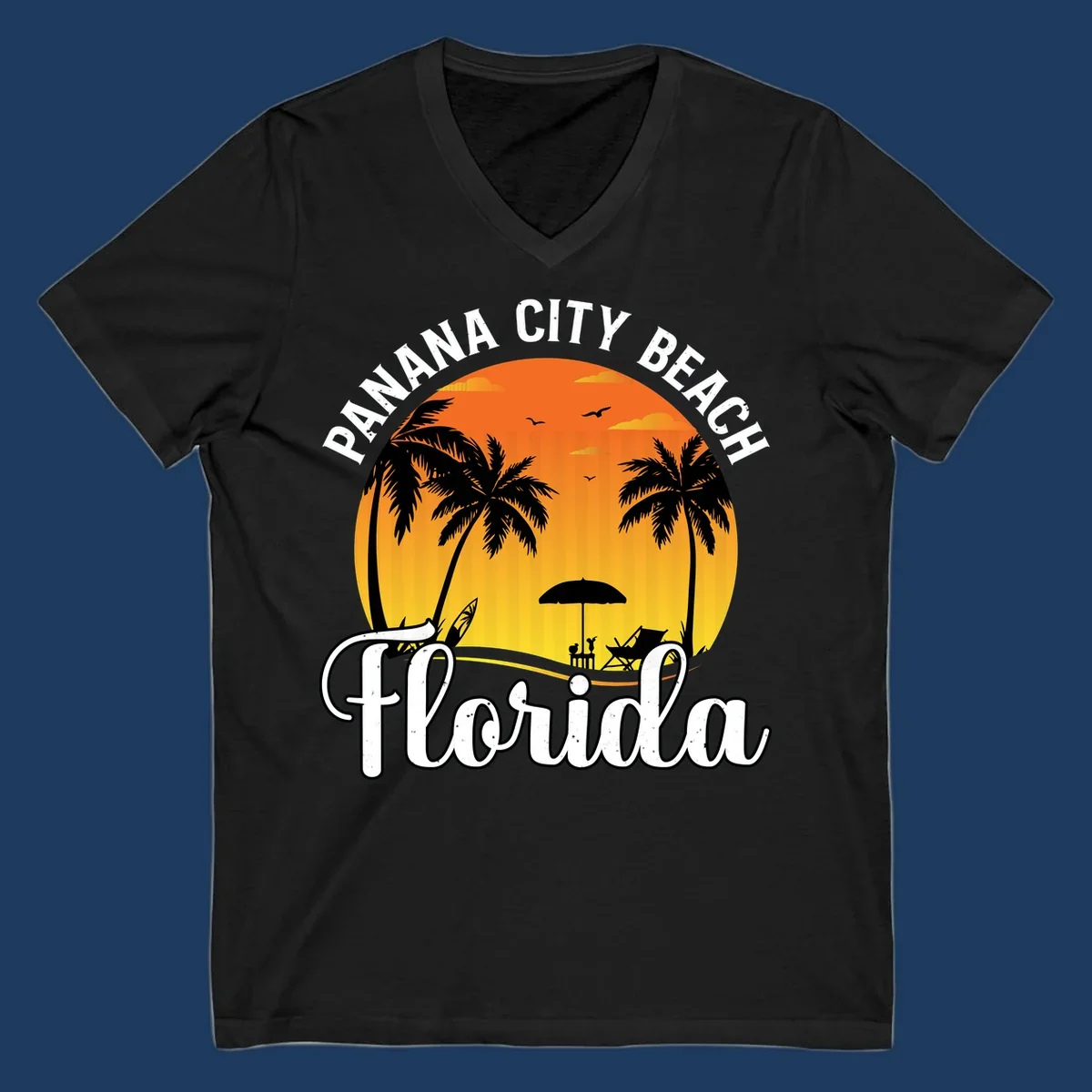 Panama City Beach tiki-themed sunset illustration with palm trees, lounge chair, umbrella, and sailboat silhouettes against warm orange and gold sky