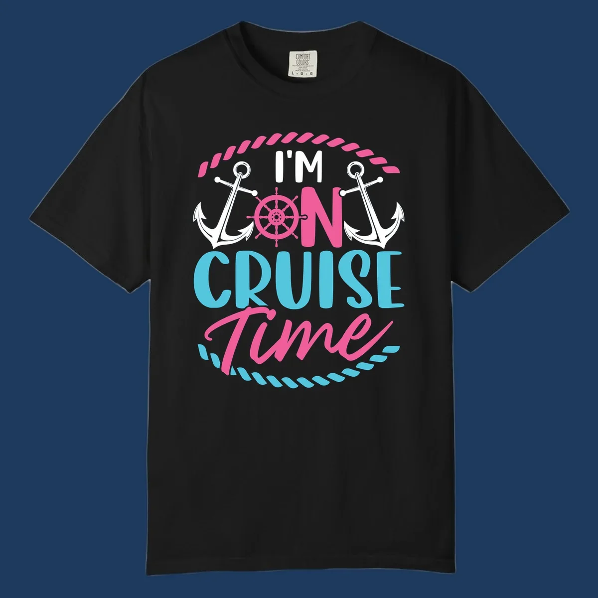 On cruise time nautical design with anchors, ship wheel, and rope borders in pink and blue