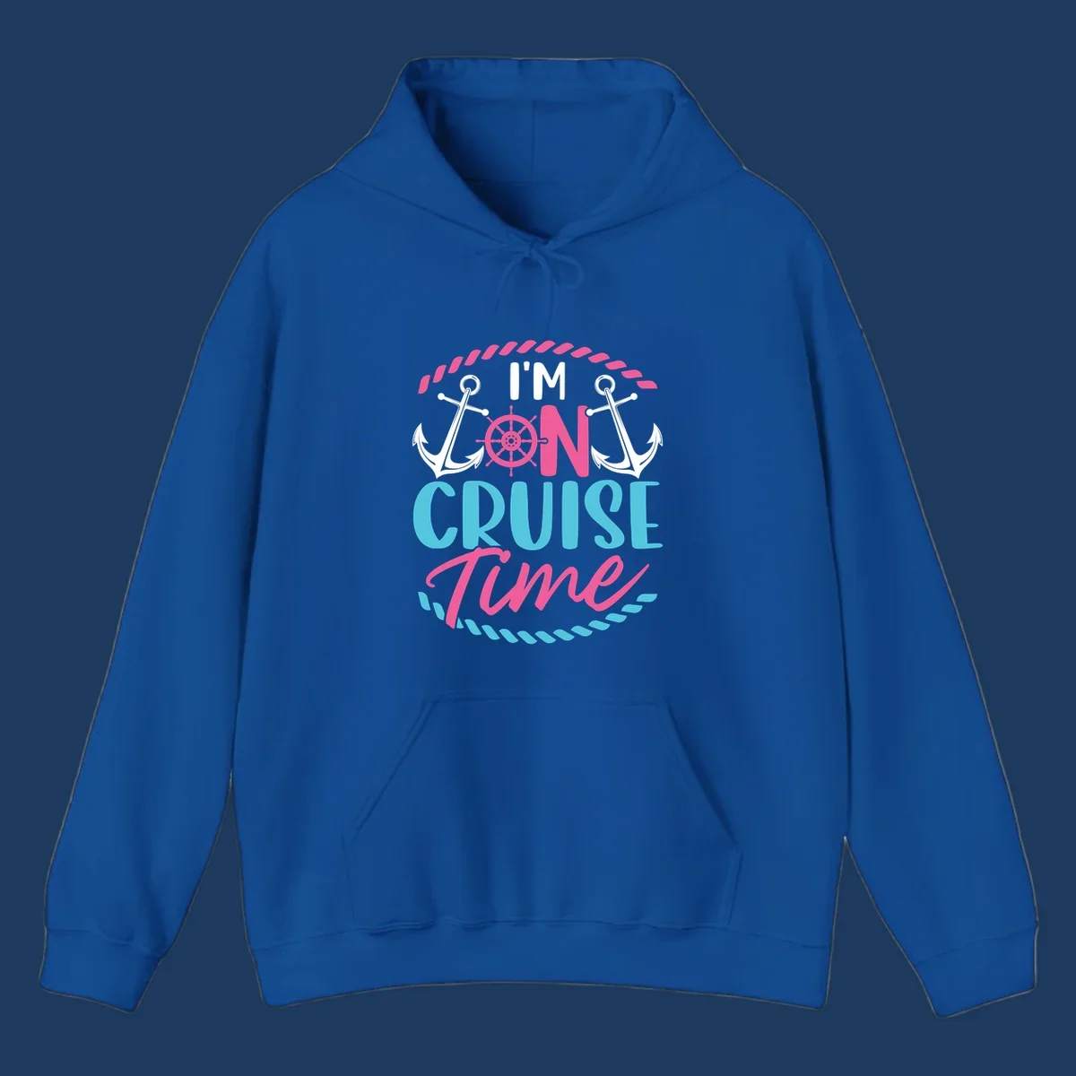 On cruise time nautical design with anchors, ship wheel, and rope borders in pink and blue