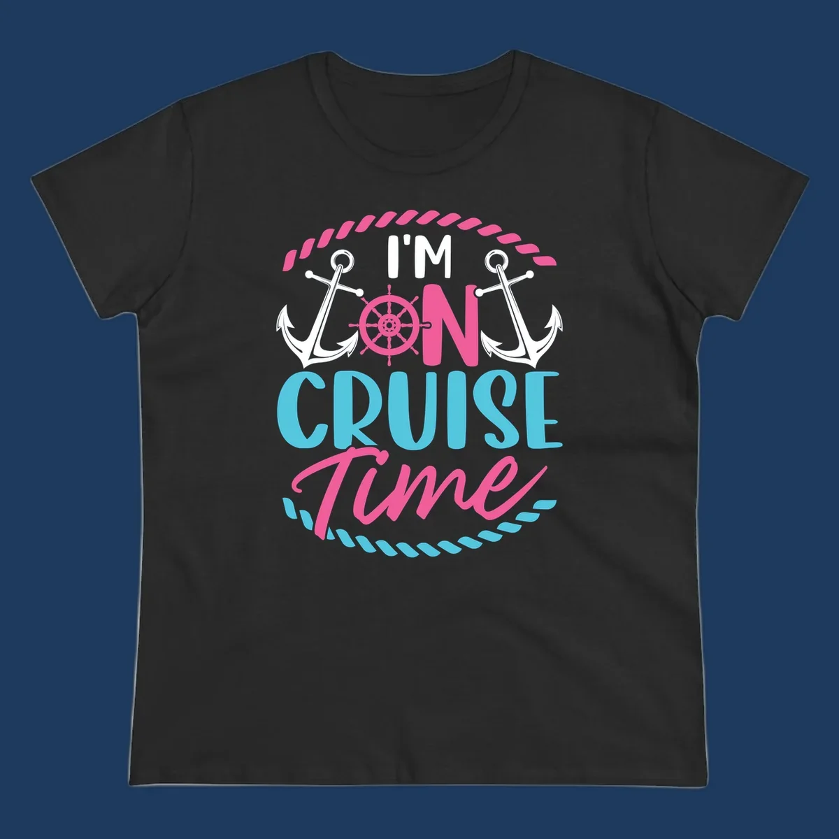On cruise time nautical design with anchors, ship wheel, and rope borders in pink and blue