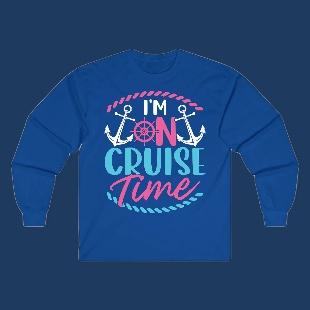 On cruise time nautical design with anchors, ship wheel, and rope borders in pink and blue