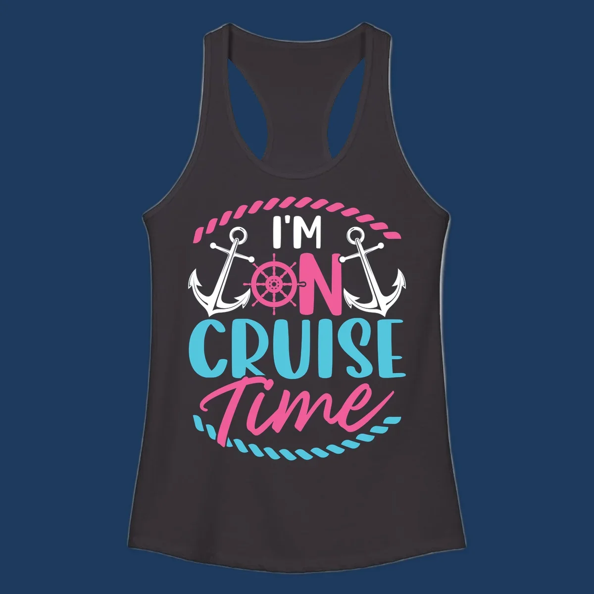 On cruise time nautical design with anchors, ship wheel, and rope borders in pink and blue