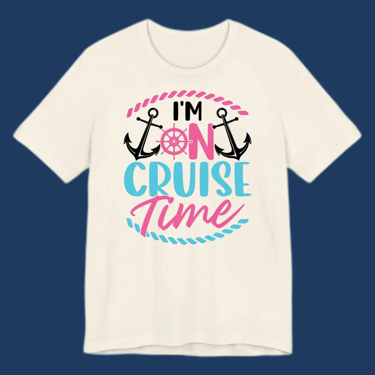 On cruise time nautical design with anchors, ship wheel, and rope borders in pink and blue