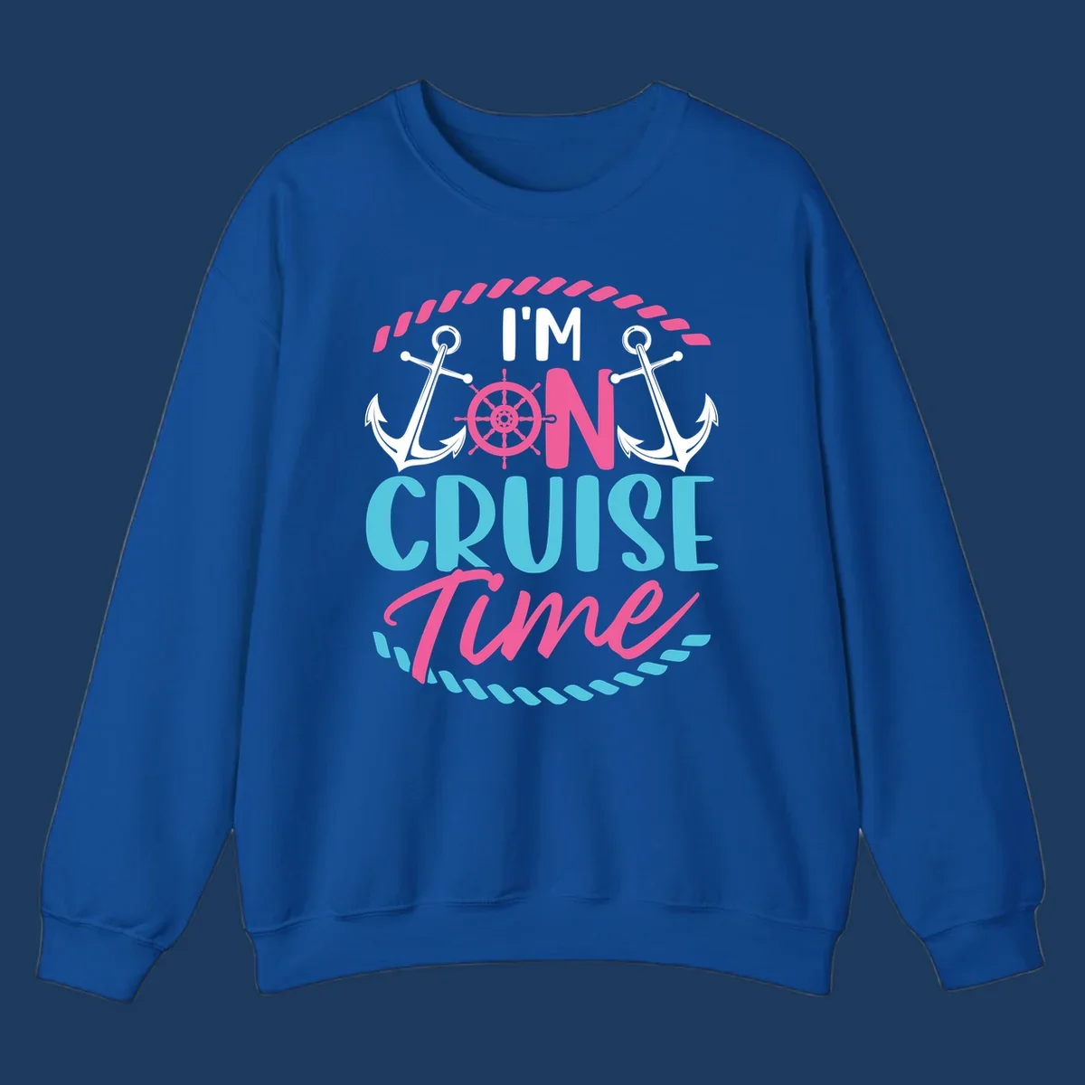 On cruise time nautical design with anchors, ship wheel, and rope borders in pink and blue