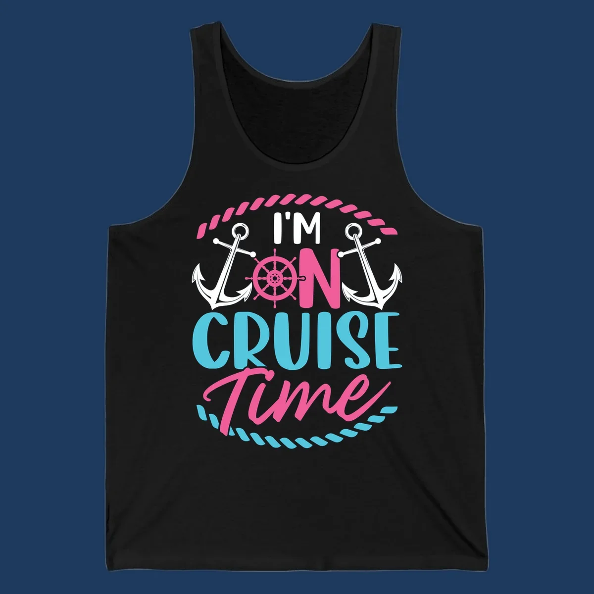 On cruise time nautical design with anchors, ship wheel, and rope borders in pink and blue