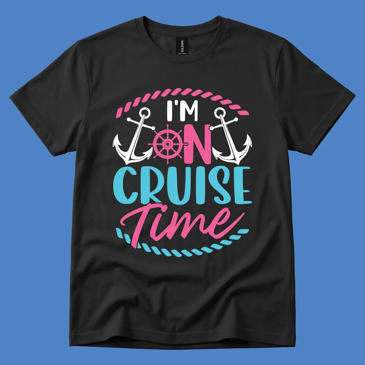 On cruise time nautical design with anchors, ship wheel, and rope borders in pink and blue