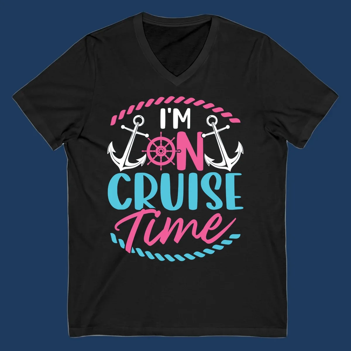 On cruise time nautical design with anchors, ship wheel, and rope borders in pink and blue