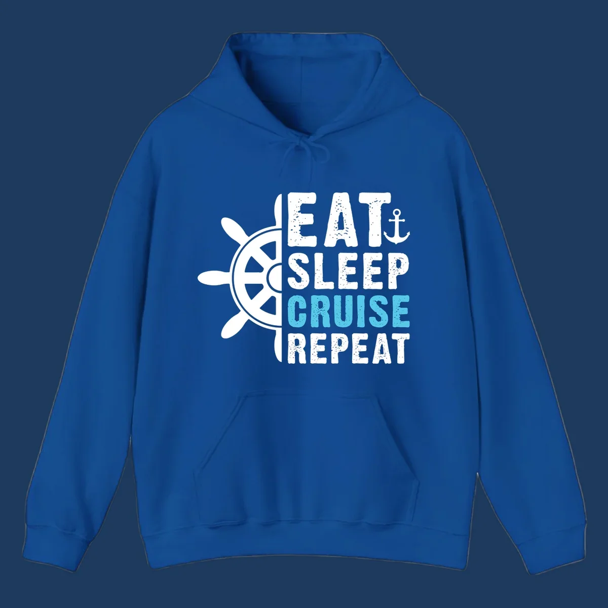 Eat sleep cruise repeat design with ship wheel and anchor icons in white and cyan blue text on gray background