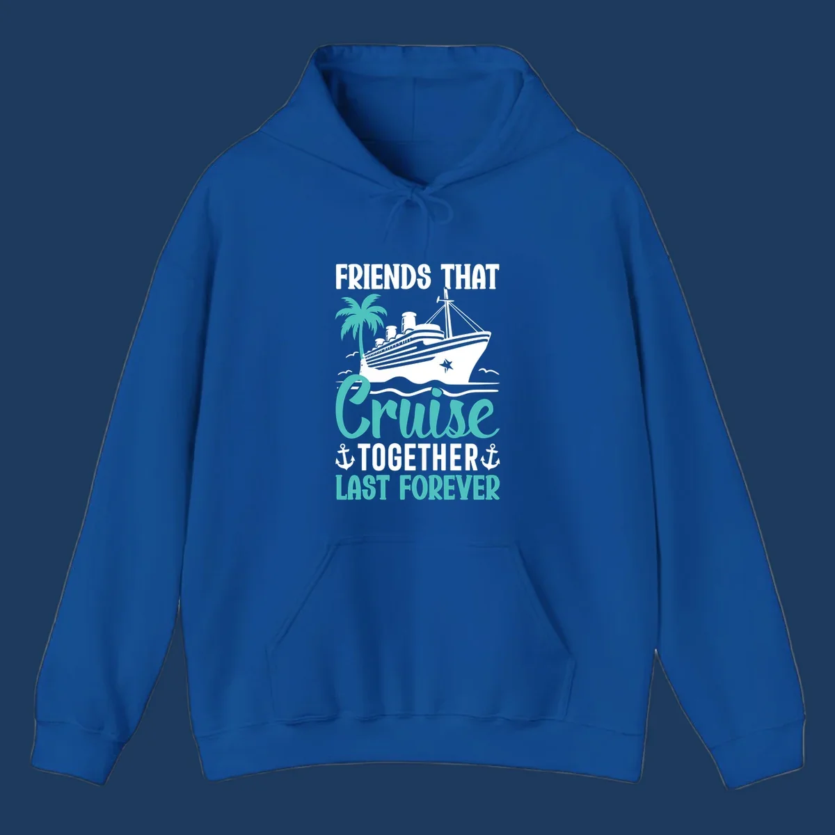 Nautical design with cruise ship, palm tree, and anchors featuring 'Friends That Cruise Together Last Forever' text