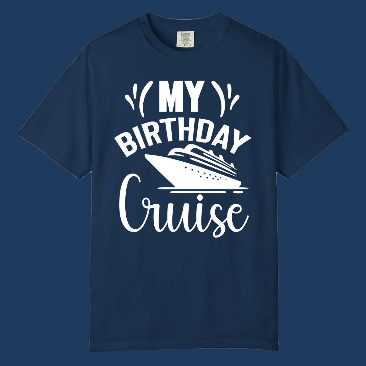 Birthday cruise celebration design with ship and waves graphic and bold text