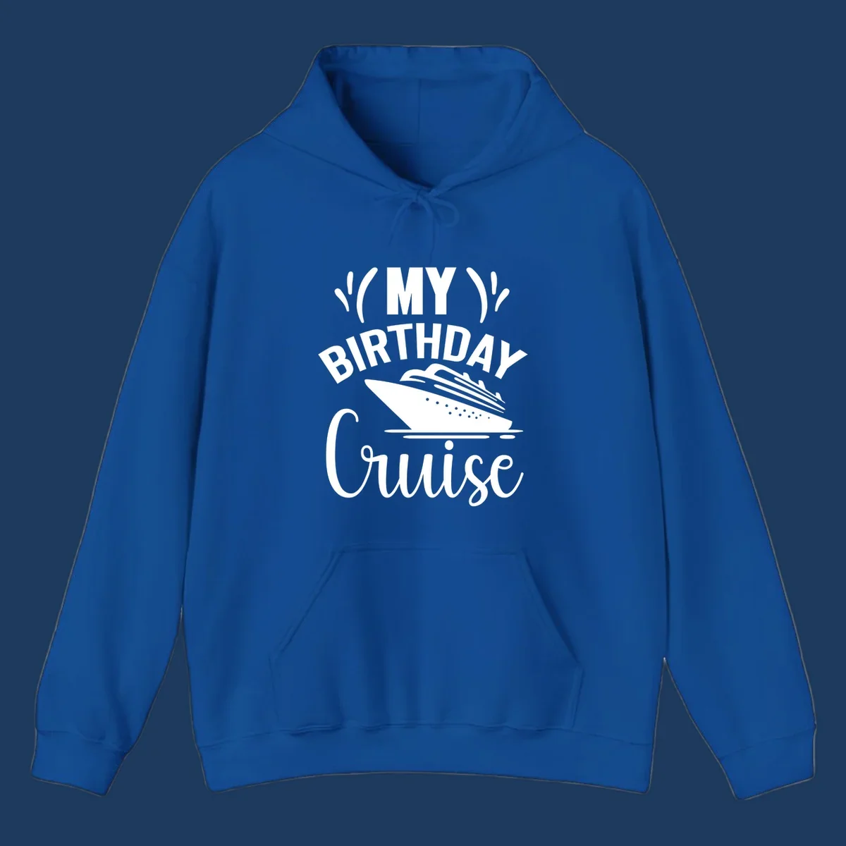 Birthday cruise celebration design with ship and waves graphic and bold text