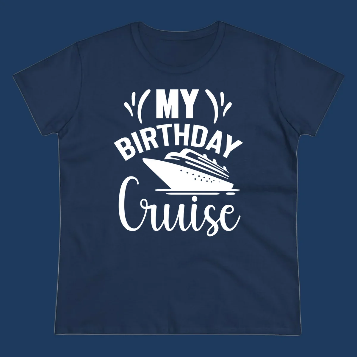 Birthday cruise celebration design with ship and waves graphic and bold text