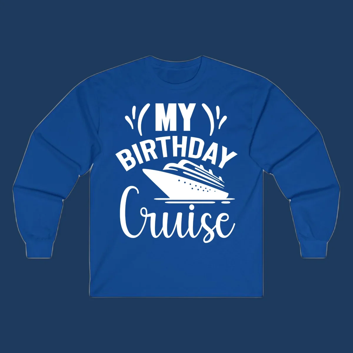 Birthday cruise celebration design with ship and waves graphic and bold text