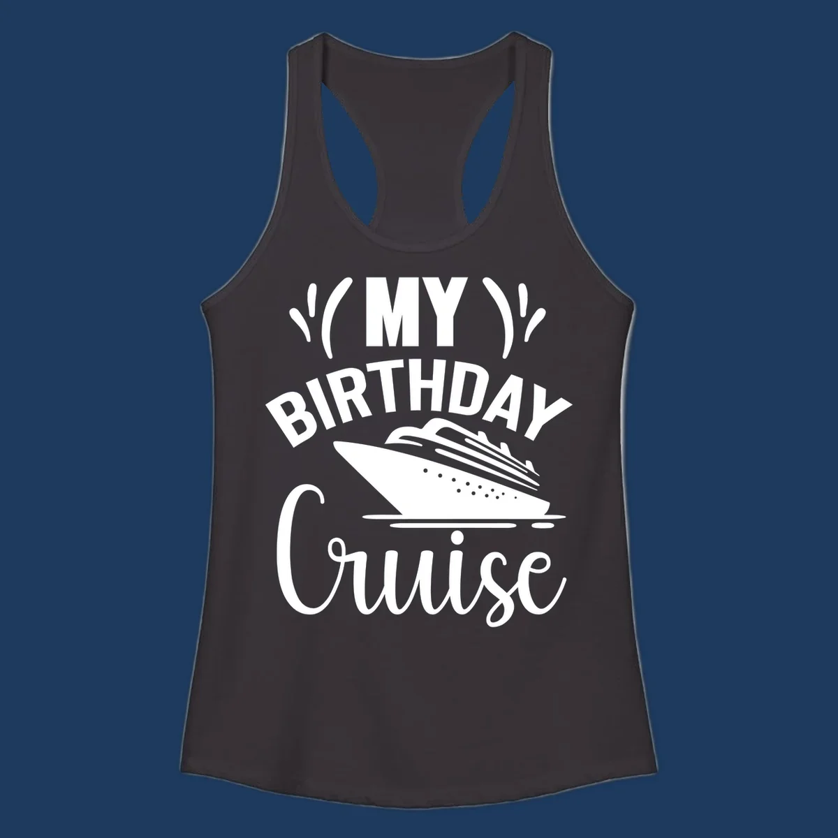 Birthday cruise celebration design with ship and waves graphic and bold text