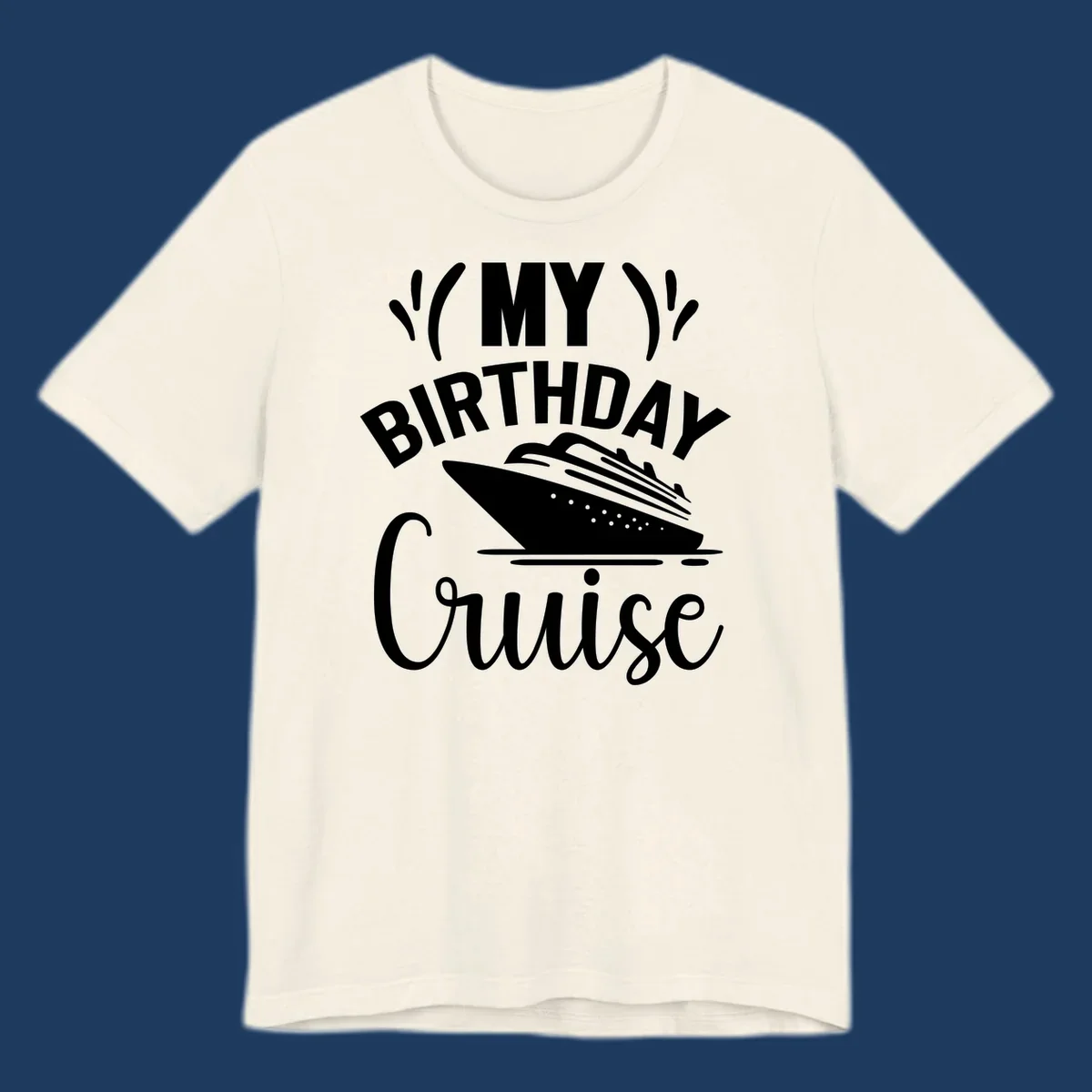Birthday cruise celebration design with ship and waves graphic and bold text