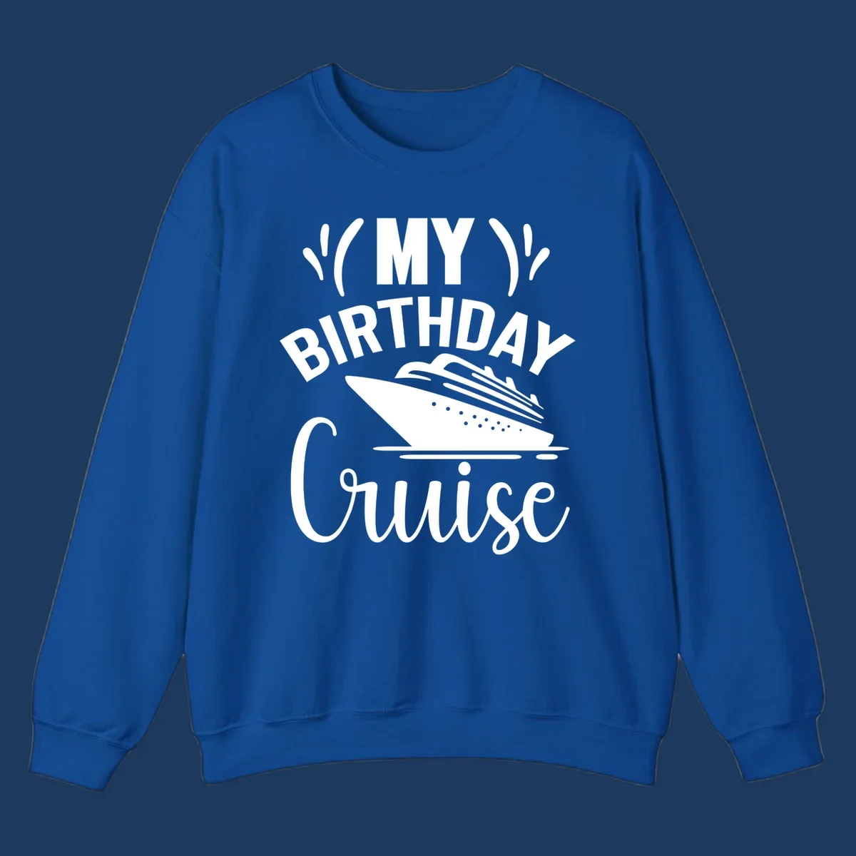 Birthday cruise celebration design with ship and waves graphic and bold text