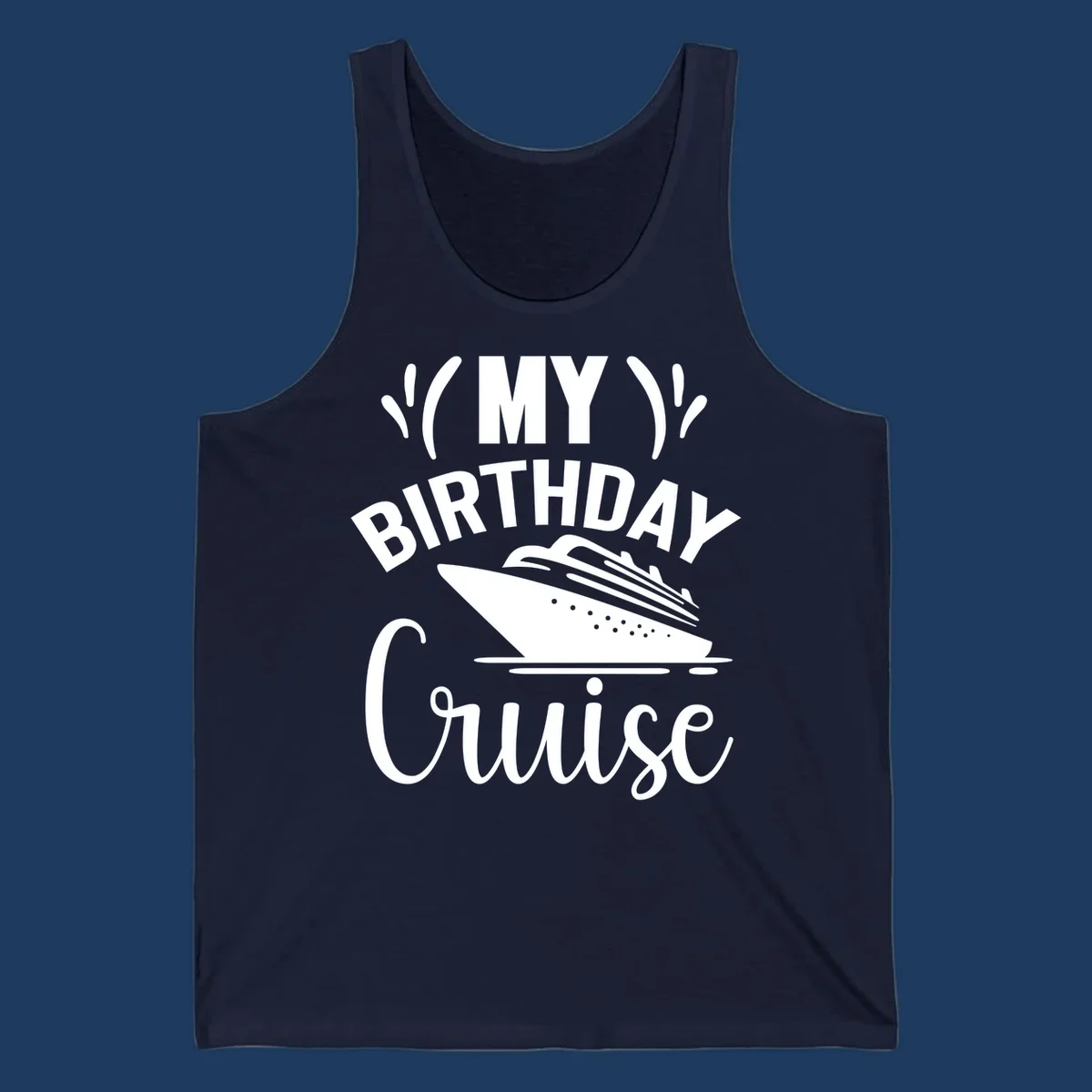 Birthday cruise celebration design with ship and waves graphic and bold text