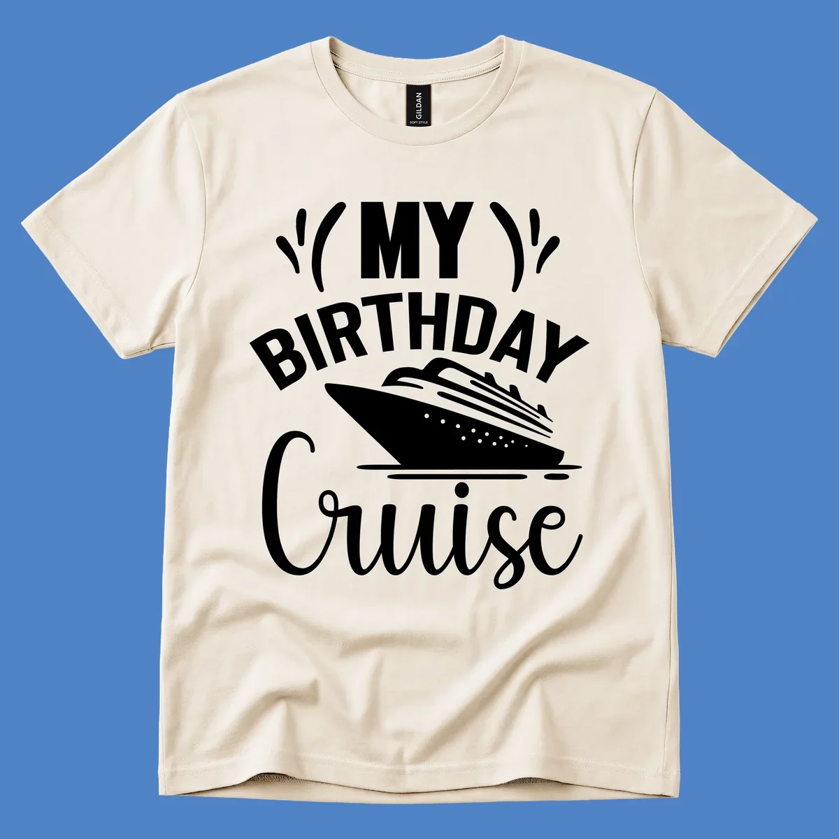 Birthday cruise celebration design with ship and waves graphic and bold text