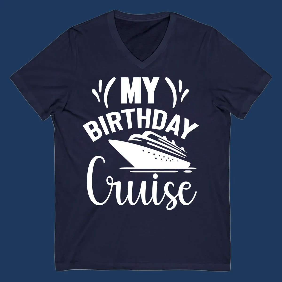 Birthday cruise celebration design with ship and waves graphic and bold text