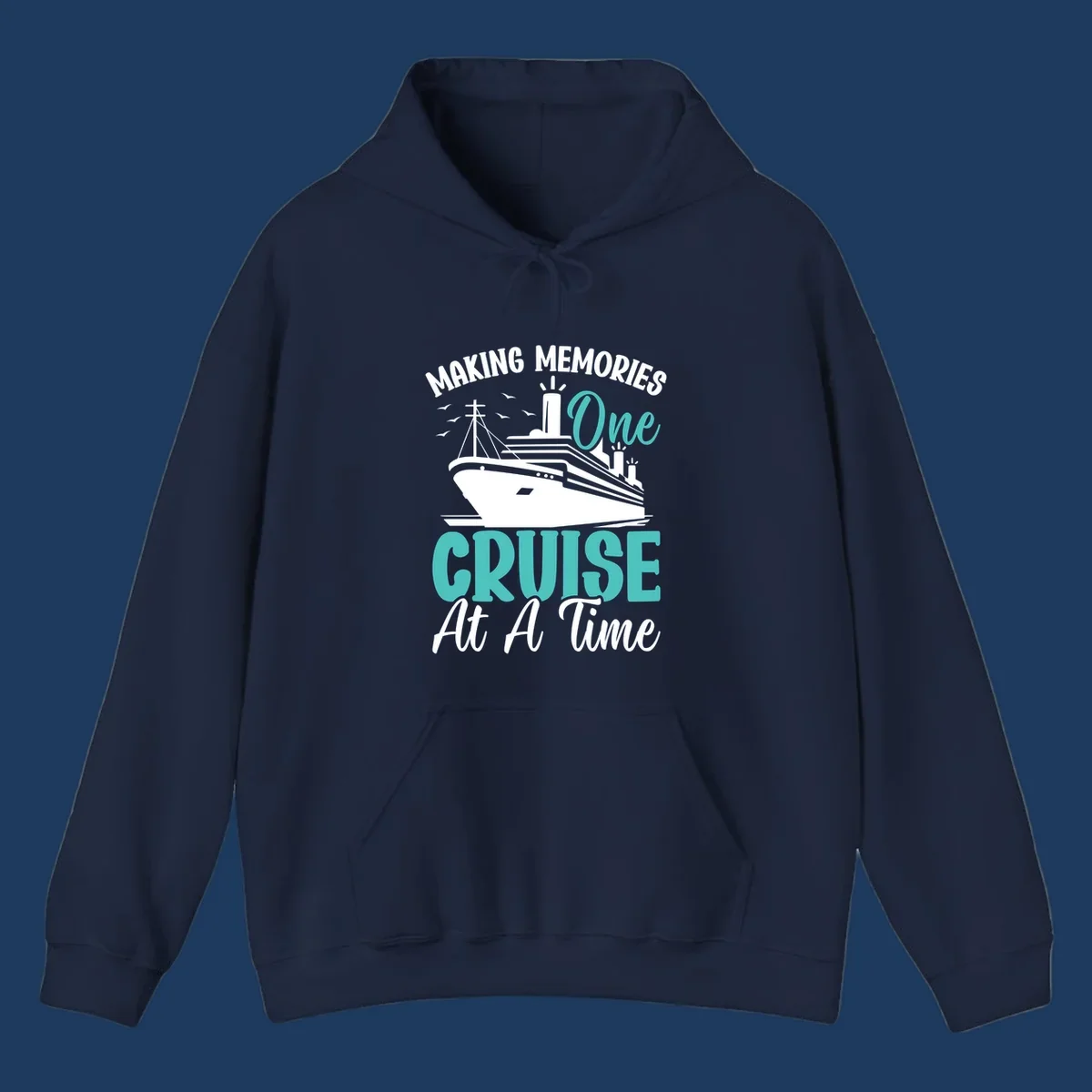 Vintage cruise ship illustration with text 'Making Memories One Cruise At A Time' in turquoise and white on gray background