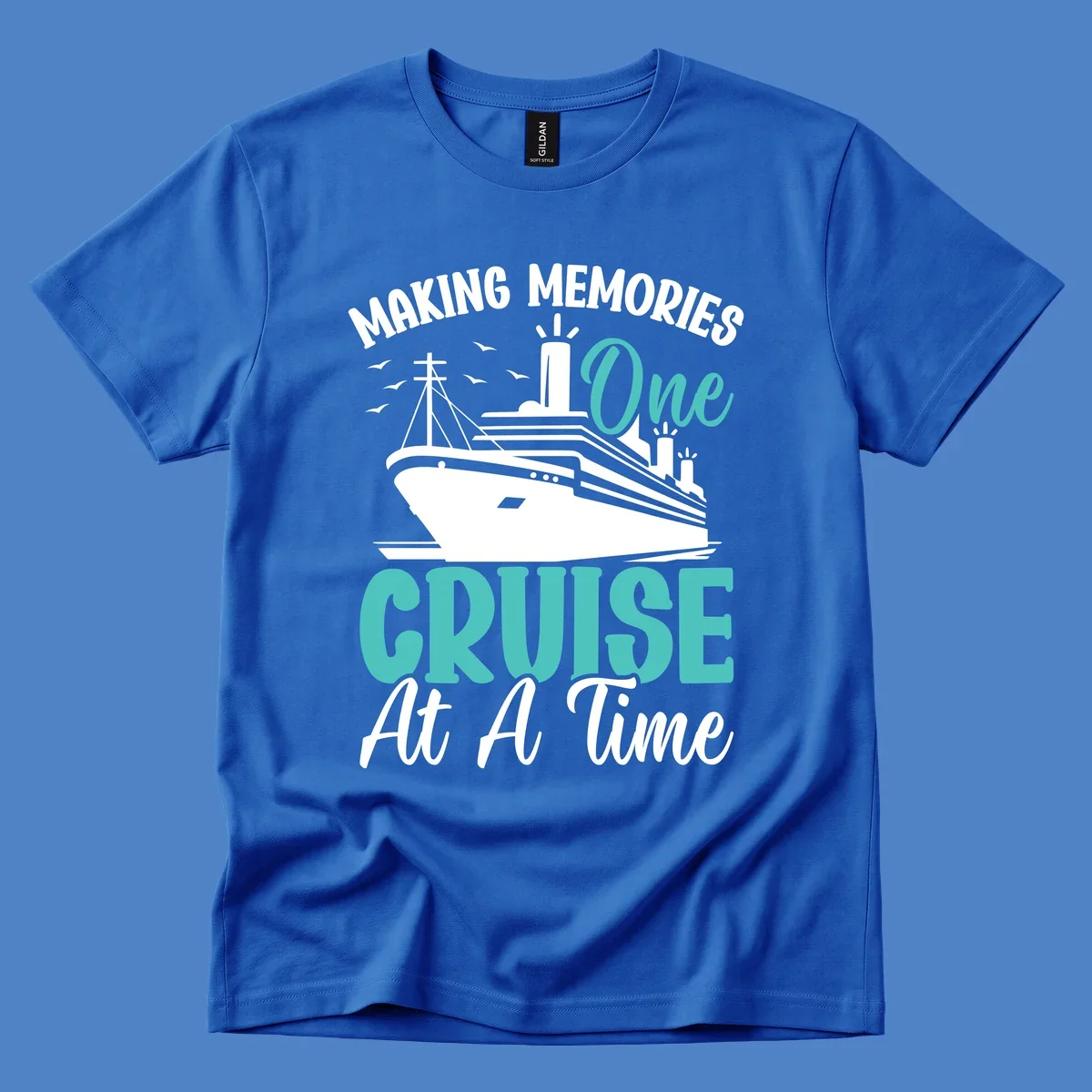 Vintage cruise ship illustration with text 'Making Memories One Cruise At A Time' in turquoise and white on gray background