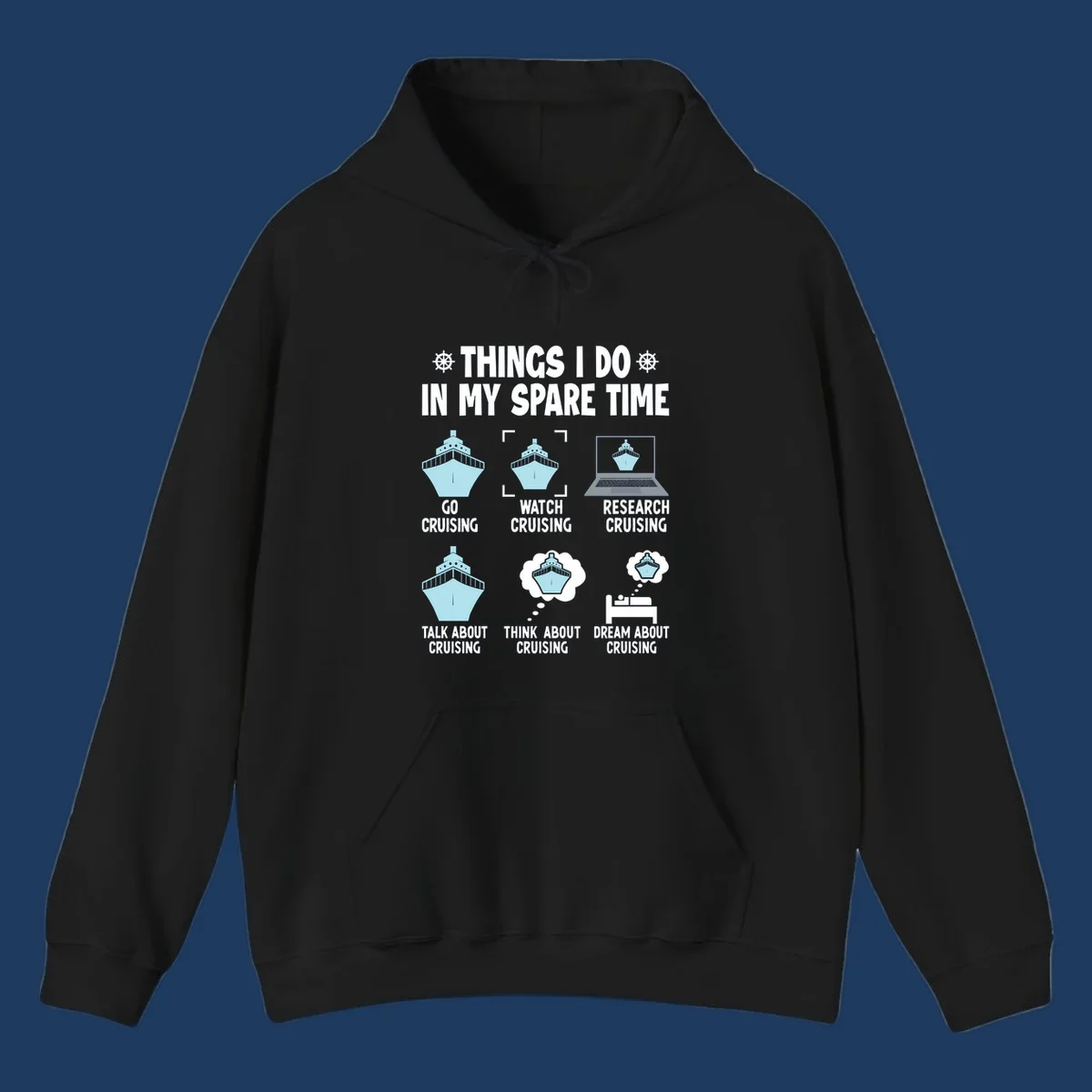 Humorous cruise obsessed activities design showing six ways to spend spare time thinking about cruising with ship illustrations
