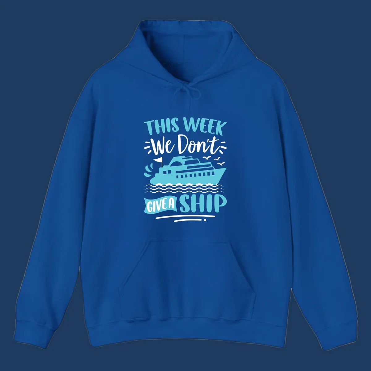 Turquoise cruise ship on ocean waves with text 'We Don't Give A Ship' - funny cruise vacation design