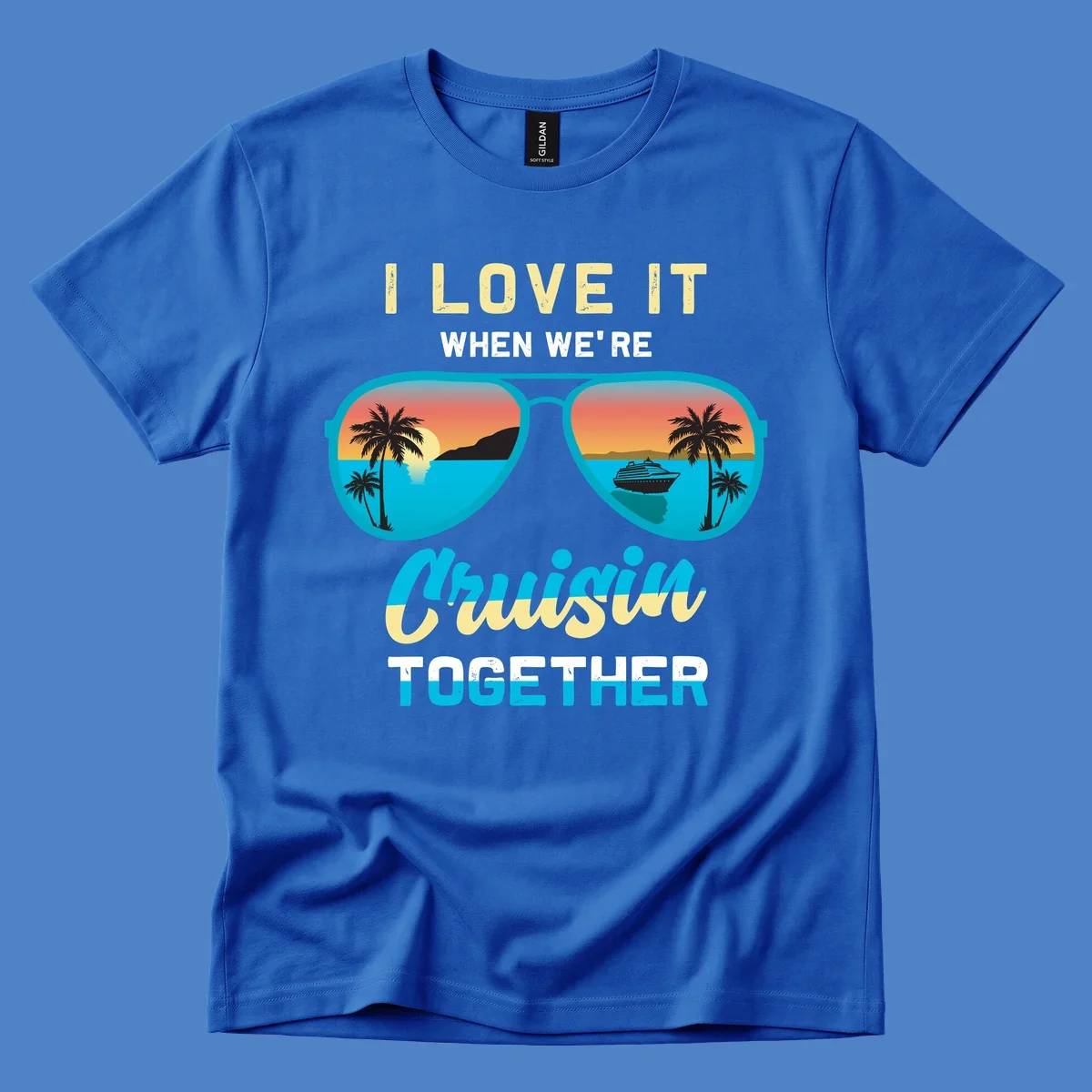 Turquoise sunglasses with tropical cruise scenes inside, text reads 'I love it when we're cruisin together'