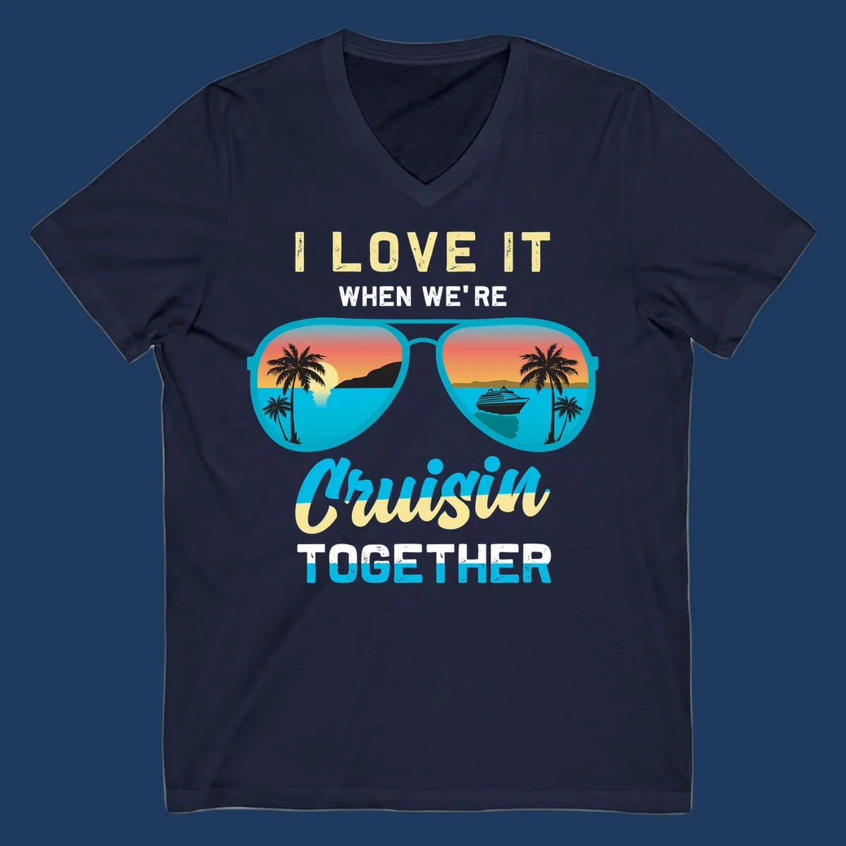 Turquoise sunglasses with tropical cruise scenes inside, text reads 'I love it when we're cruisin together'
