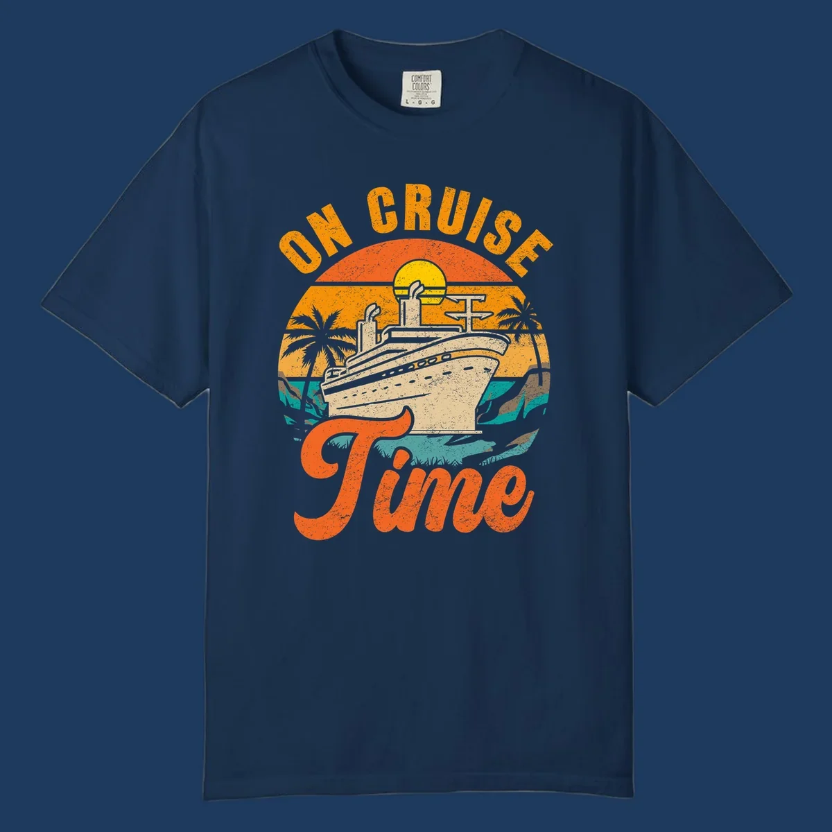 Retro vintage design with cruise ship at sunset, palm trees, and 'On Cruise Time' text in orange and yellow