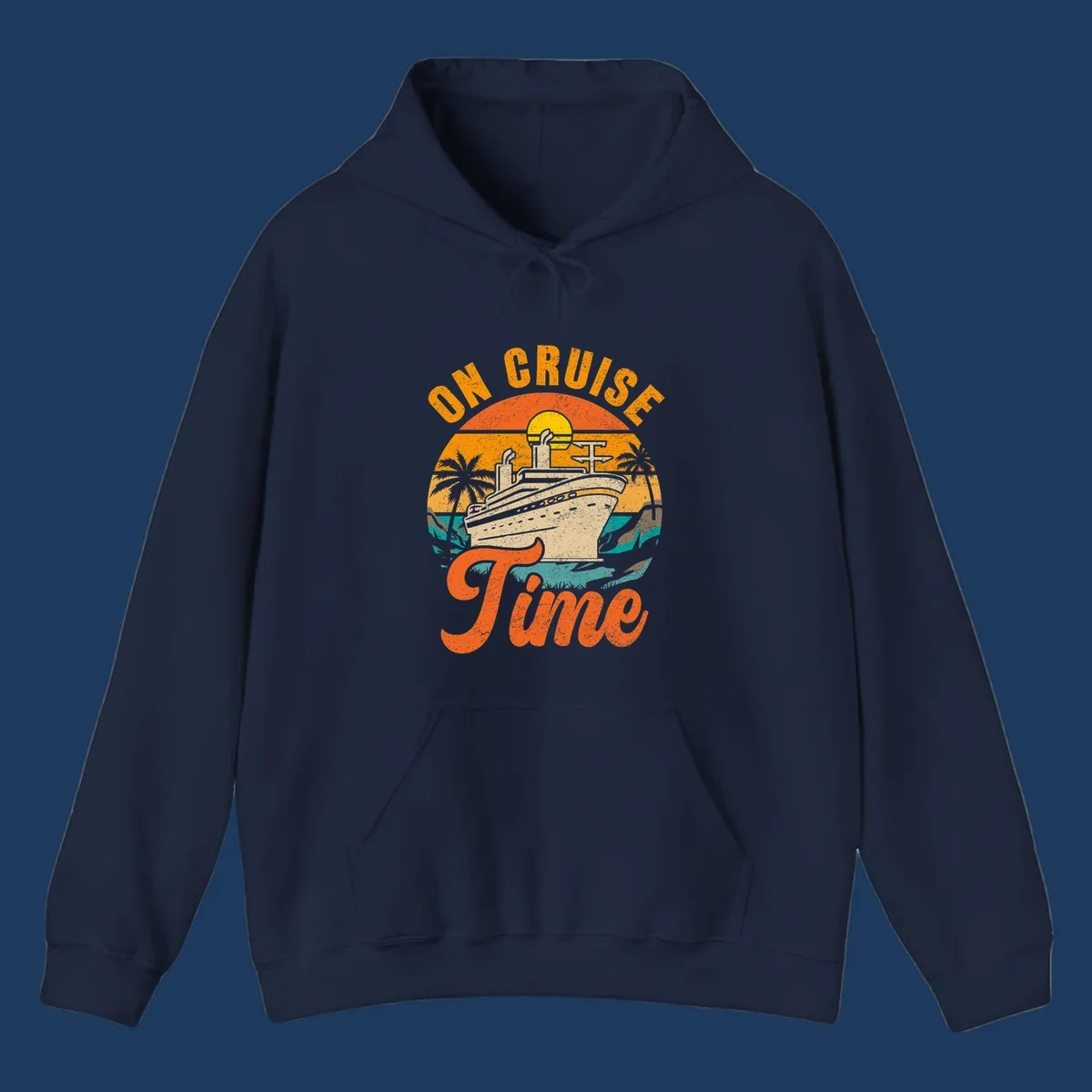 Retro vintage design with cruise ship at sunset, palm trees, and 'On Cruise Time' text in orange and yellow