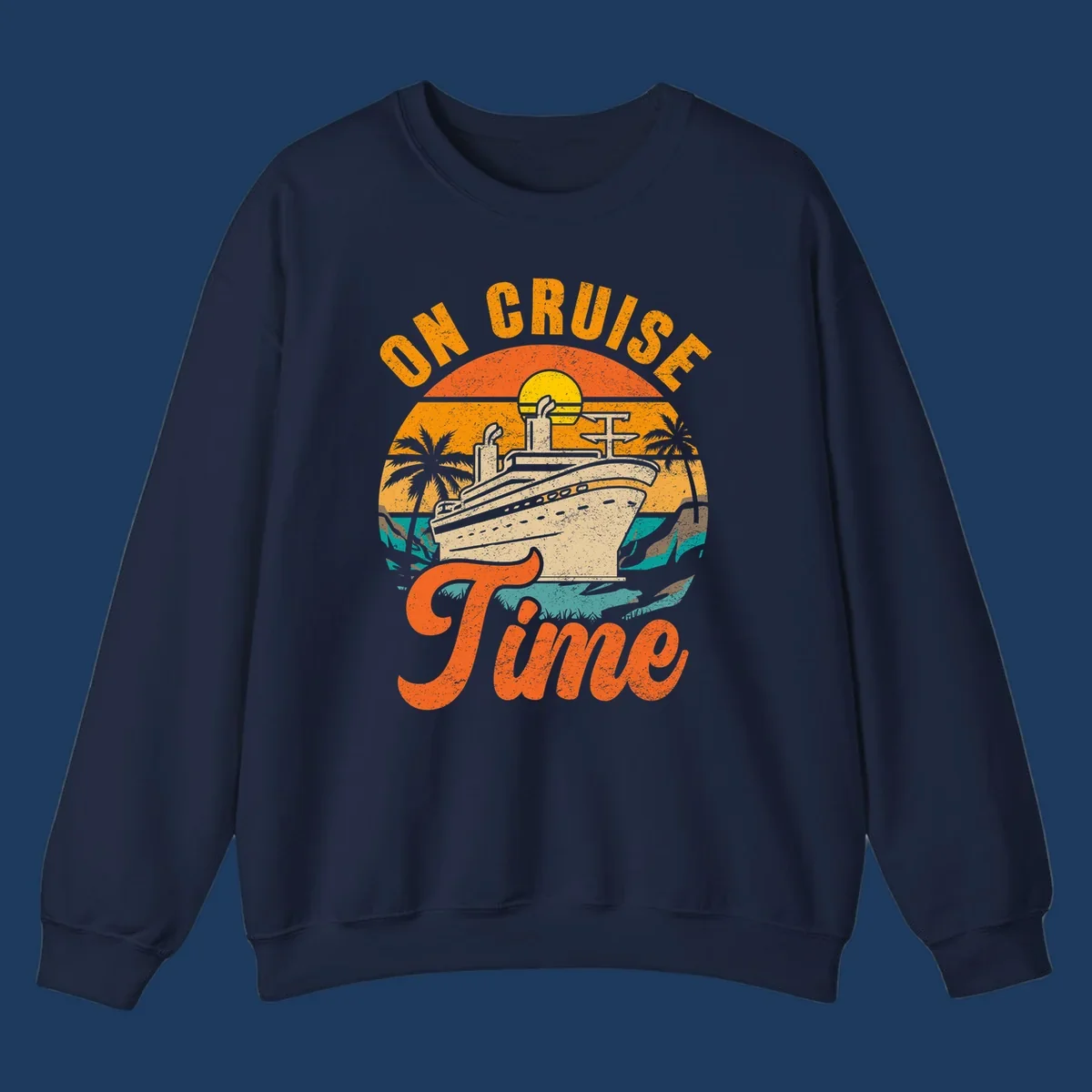 Retro vintage design with cruise ship at sunset, palm trees, and 'On Cruise Time' text in orange and yellow