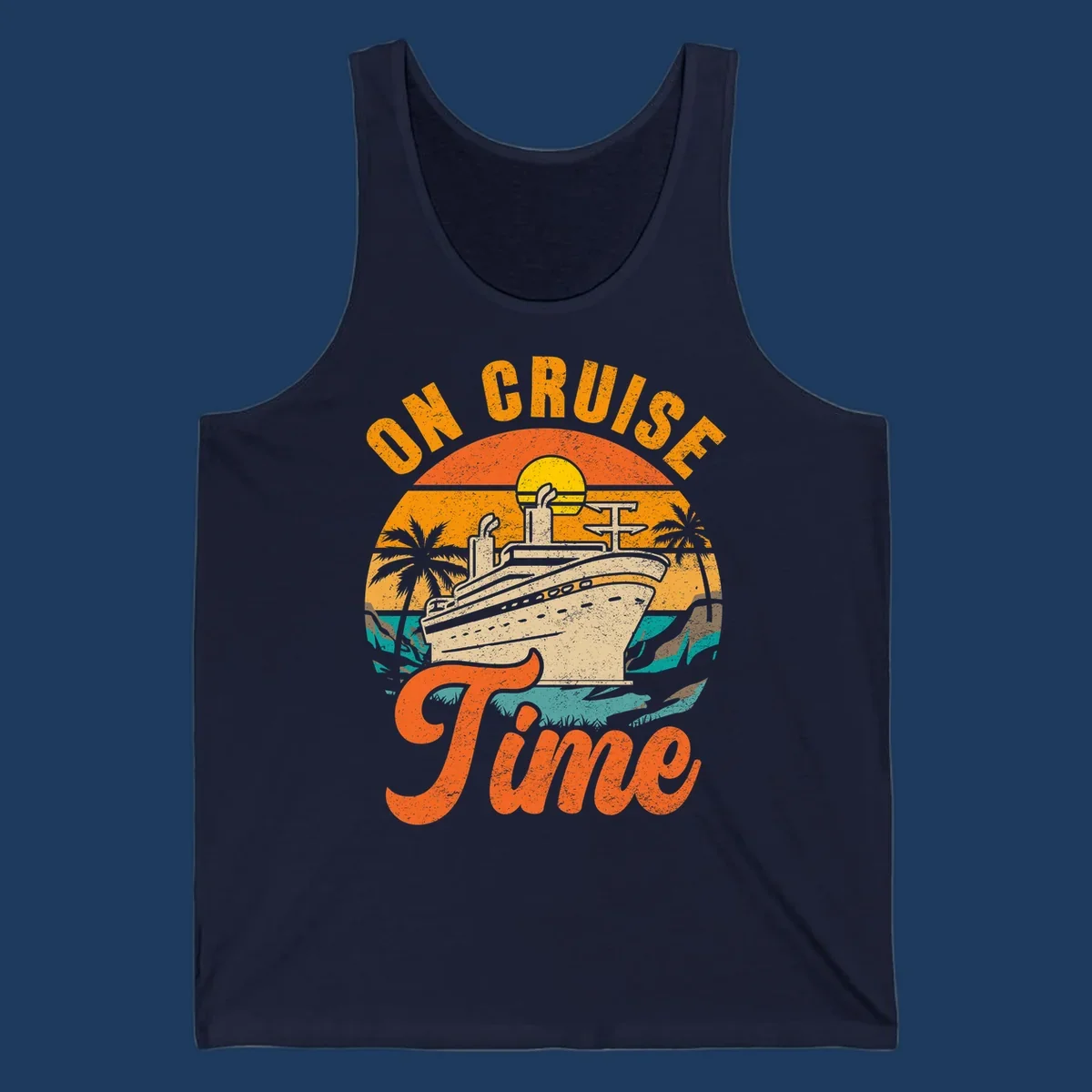 Retro vintage design with cruise ship at sunset, palm trees, and 'On Cruise Time' text in orange and yellow