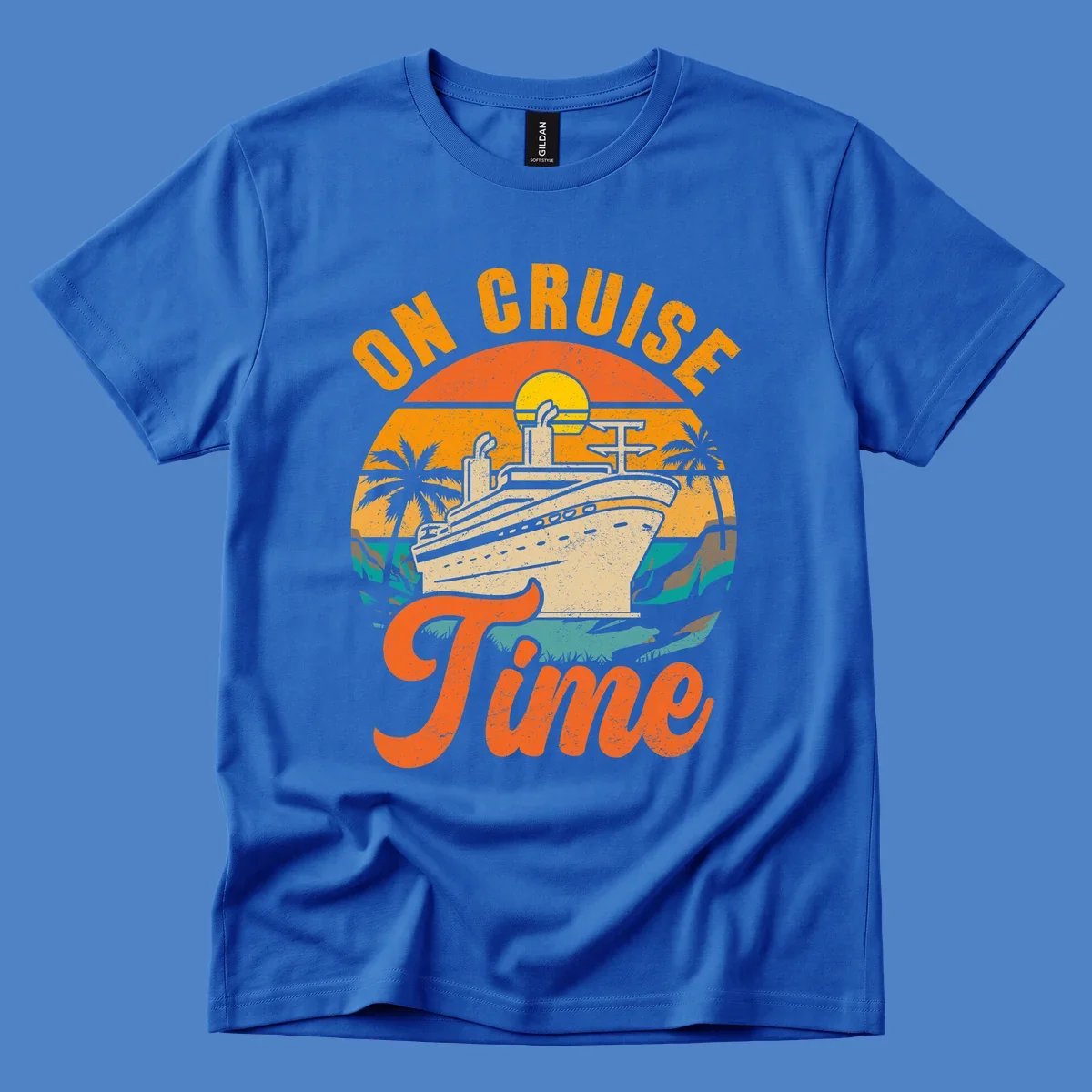 Retro vintage design with cruise ship at sunset, palm trees, and 'On Cruise Time' text in orange and yellow