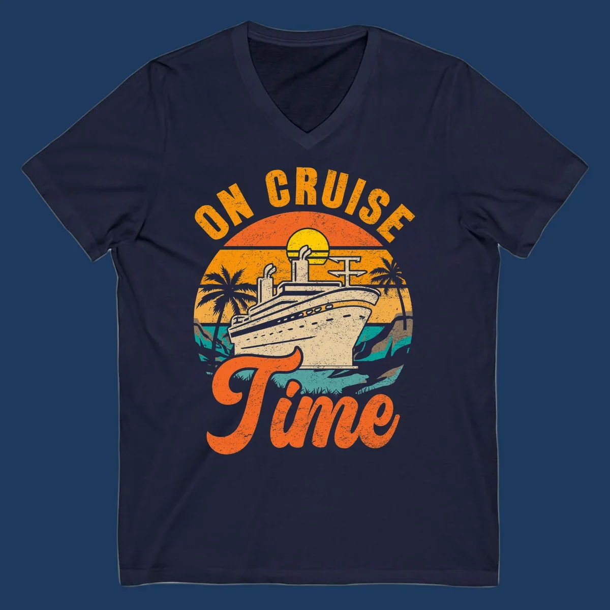 Retro vintage design with cruise ship at sunset, palm trees, and 'On Cruise Time' text in orange and yellow