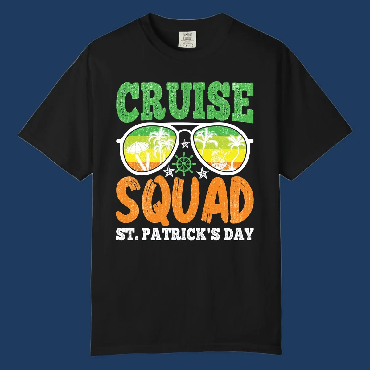 Cruise squad St Patrick's Day design with tropical sunglasses, palm trees, and beach scenes in green and orange