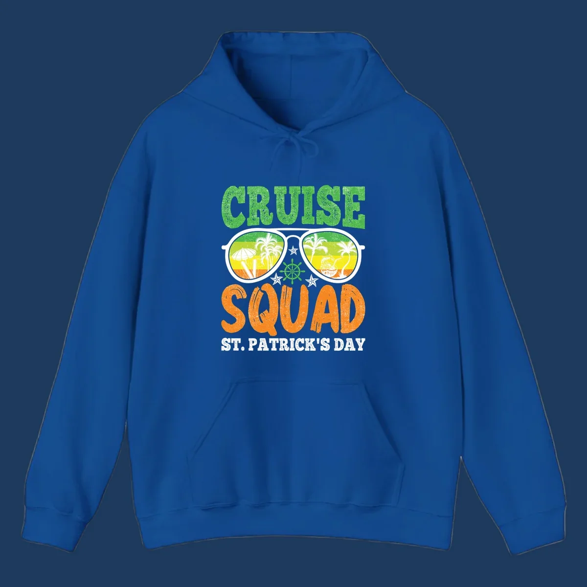 Cruise squad St Patrick's Day design with tropical sunglasses, palm trees, and beach scenes in green and orange